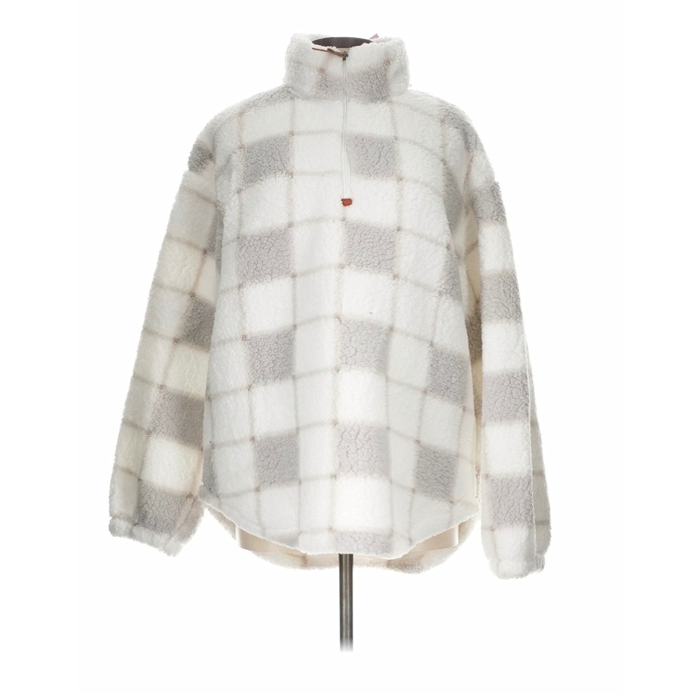 Jen & Co Sherpa Pullover Women L White Grey NWT Plaid Quarter Zip Fleece